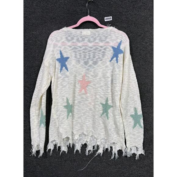 ADORA Distressed Star Sweater TopWomens Size L Cream Long Sleeves Oversized - Picture 1 of 4